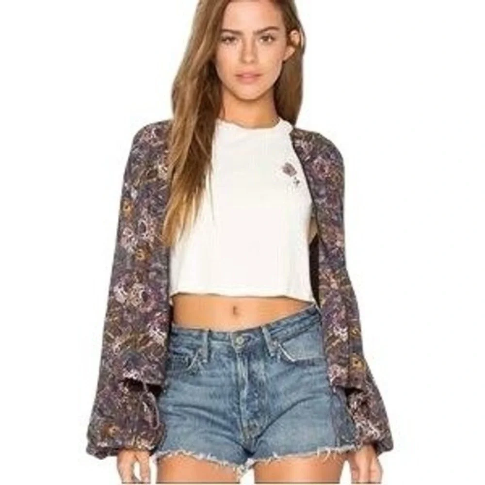 Free People Floral Bomber Jacket Women M  Boho Balloon Sleeve Festival